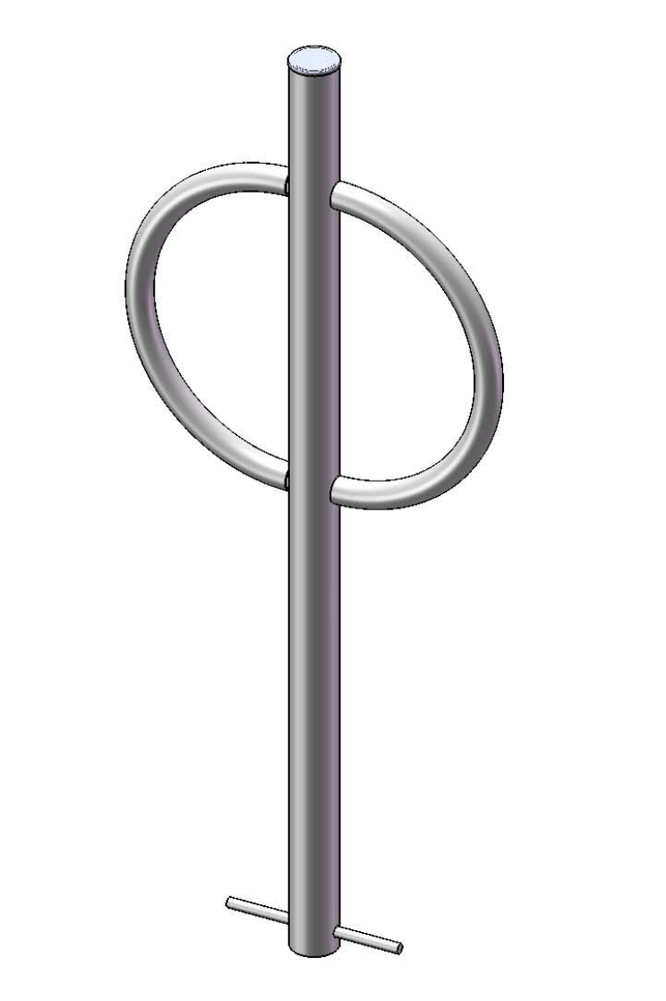 Steel bollard-style bike rack with circular locking rings and vertical post for secure bike parking in compact spaces.