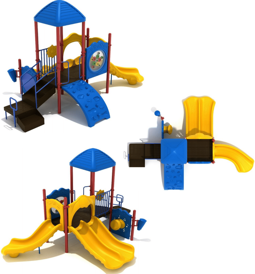 Colorful playground with blue roof, yellow slides, climbing wall, activity panels, and musical drum, shown from multiple angles including overhead view