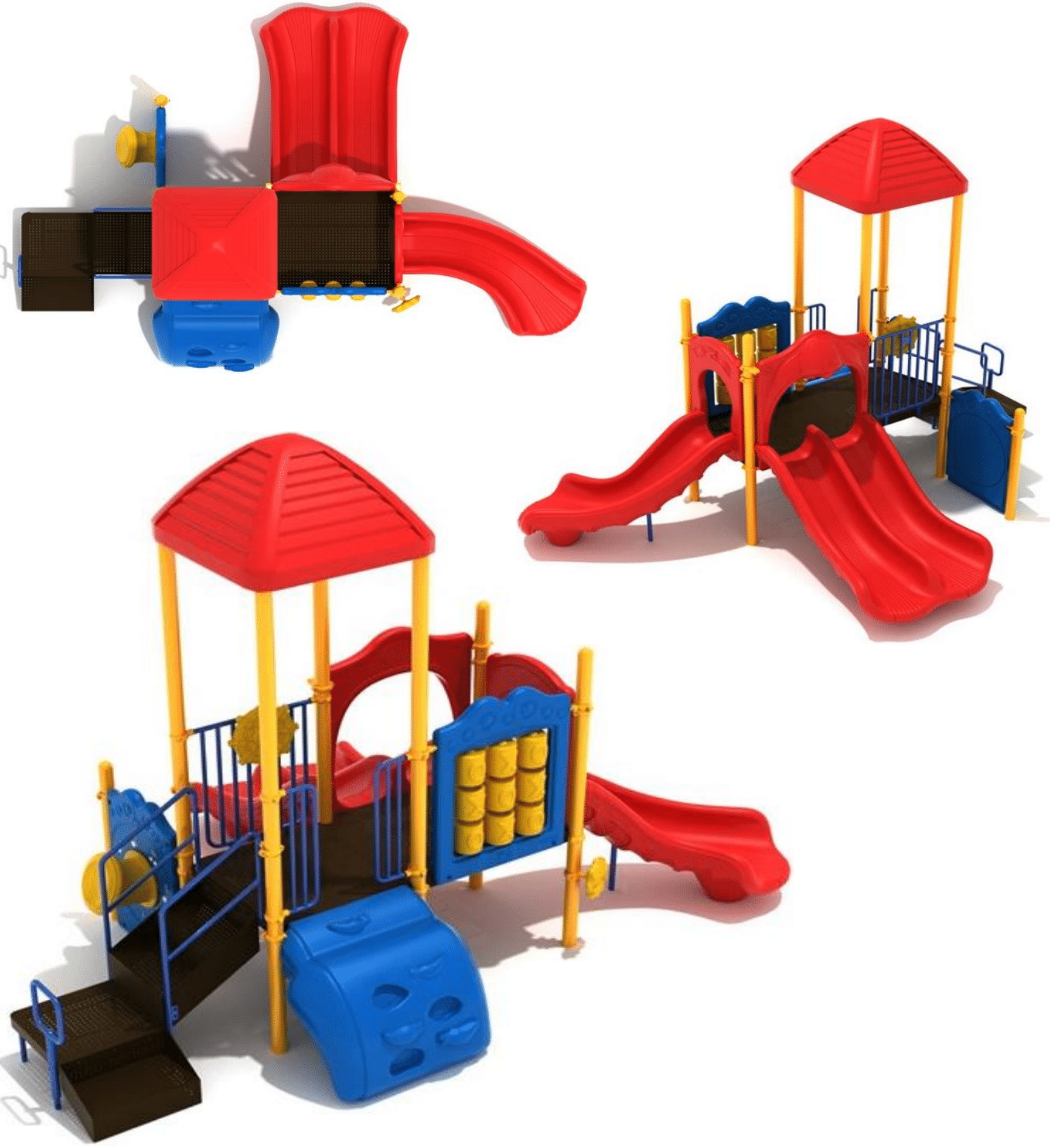 Colorful kids' playground with red slides, blue climbing panels, yellow posts, and a red pyramid roof, shown from overhead and angled views.