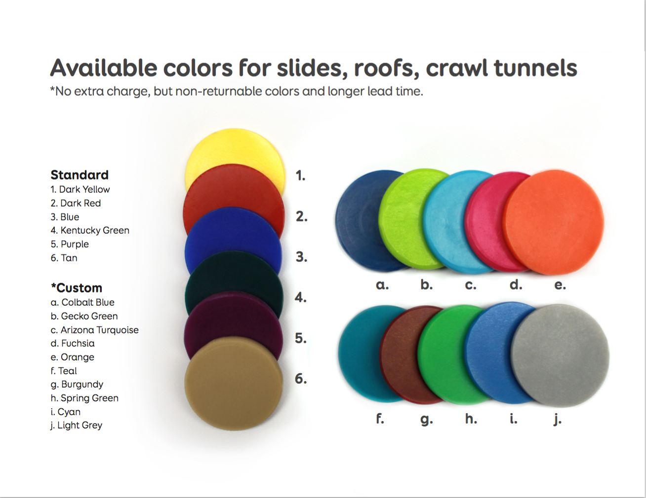 Color samples for playground slides, roofs, and crawl tunnels in vibrant standard and custom shades, featuring smooth and textured finishes.