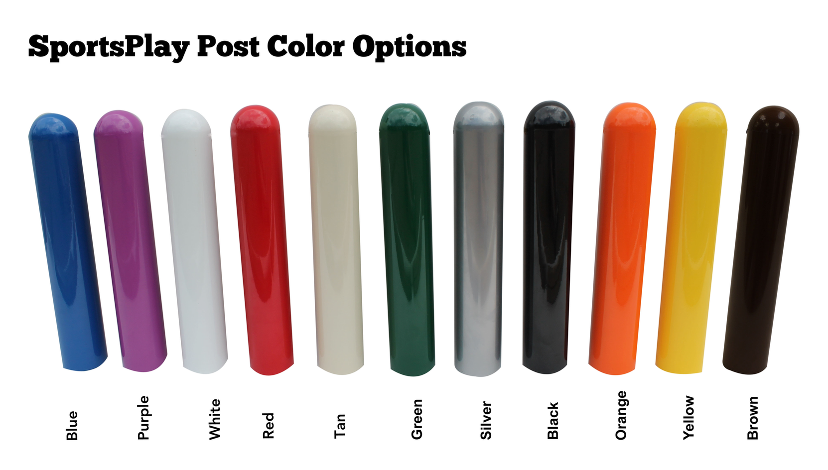 Glossy rounded playground posts in blue, purple, white, red, tan, green, silver, black, orange, yellow, and brown colors.