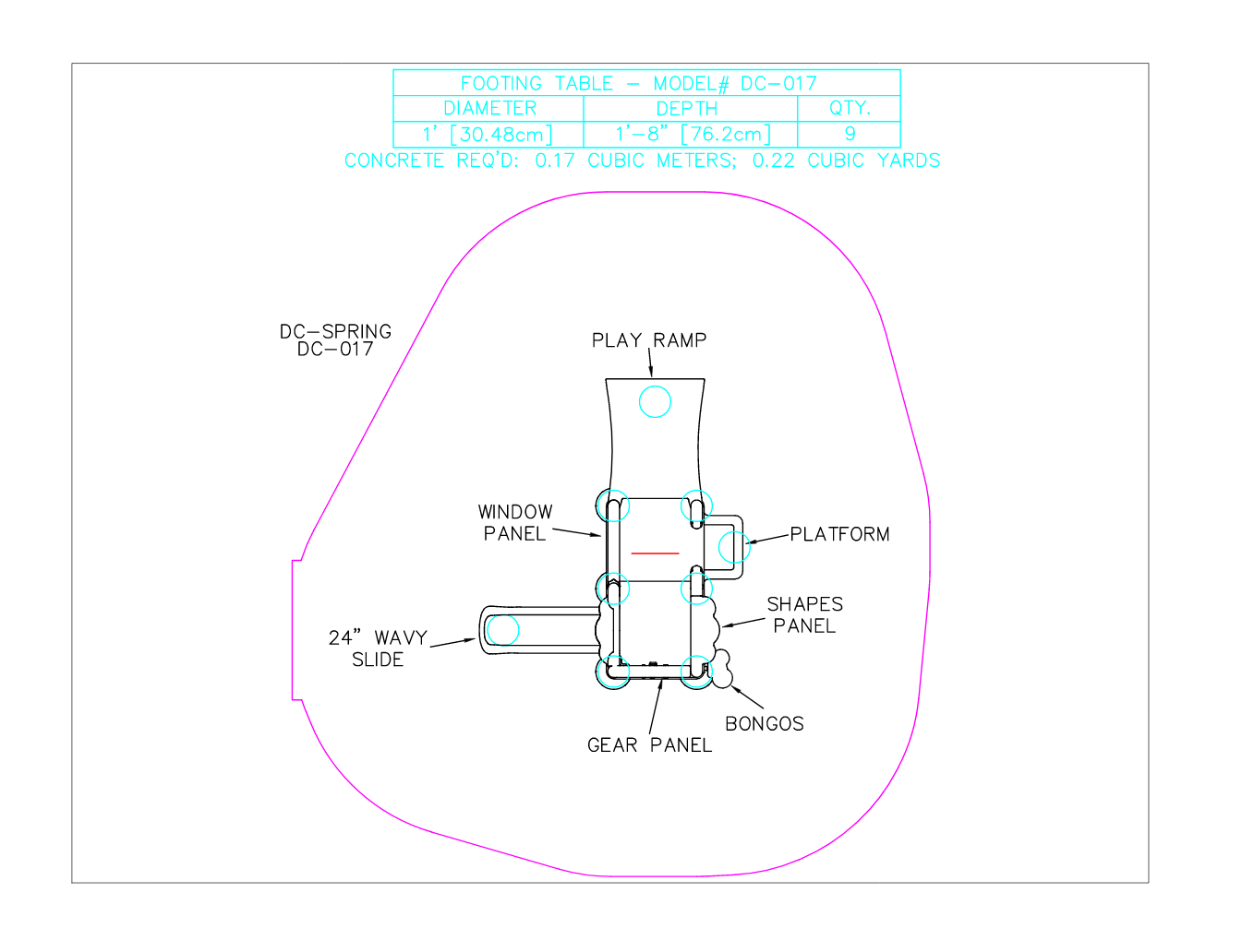Overhead view of two-deck spring playground with play ramp, window panel, shapes panel, wavy slide, bongos, and gear panel