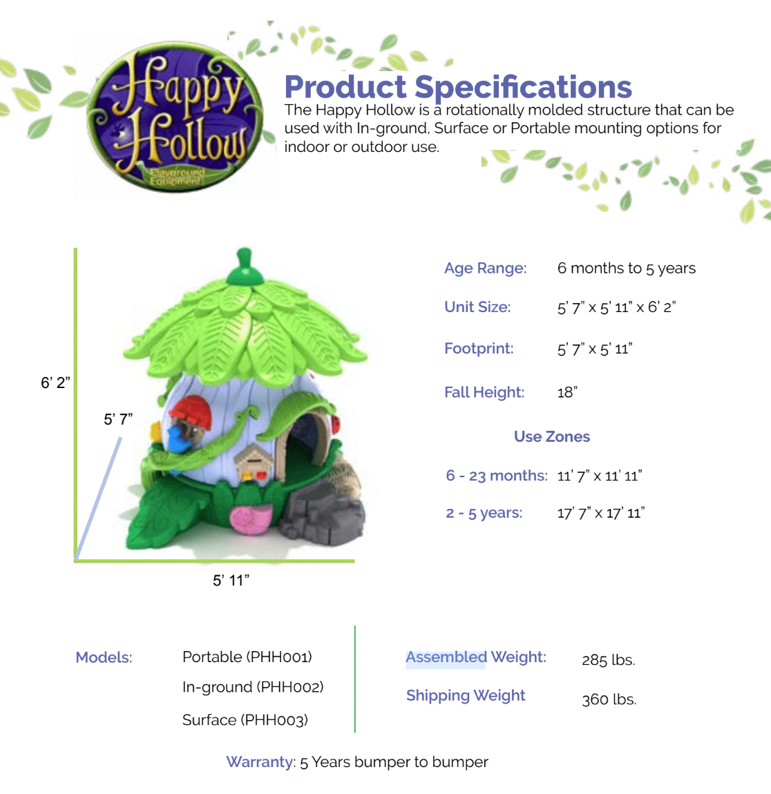 Nature-themed toddler preschool playset with leaf-canopy treehouse, crawl tunnel, critter accents; specs text at side.