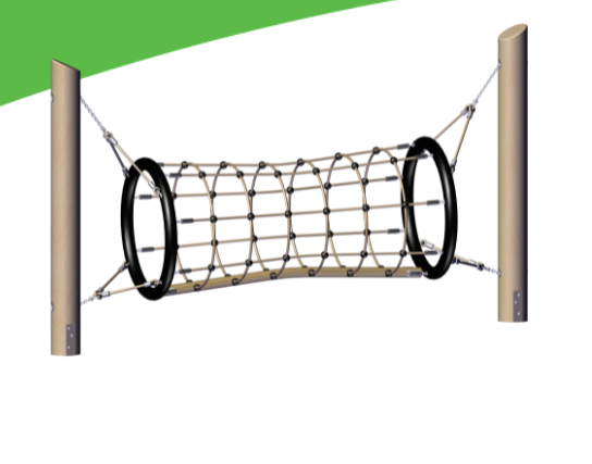 Adventure Tunnel suspended climbing play equipment with steel-reinforced rope and comfort-grip surface between two posts