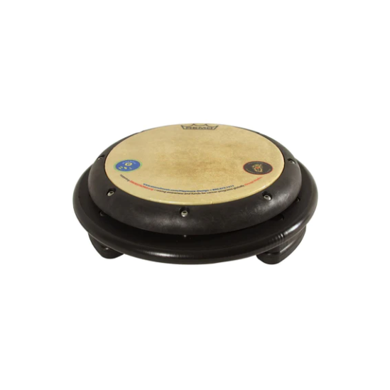 Black circular drum table with tunable drum-head, sturdy base, and eco-friendly design for interactive rhythm play.