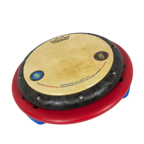 Red and blue children's drum table with tunable REMO drum-heads for interactive rhythm play