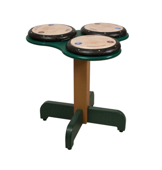 Outdoor musical drum table with three different-sized drum pads on a sturdy green and brown stand for interactive rhythm play
