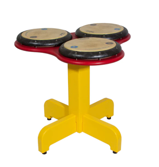Outdoor musical drum table with three professional drum pads on a yellow base with casters
