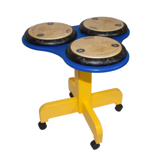 Blue and yellow drum table with three professional drum pads on casters for interactive musical play