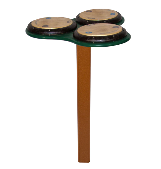 Outdoor musical drum table with three different-sized drum pads on a green and cedar stand designed for interactive rhythm play