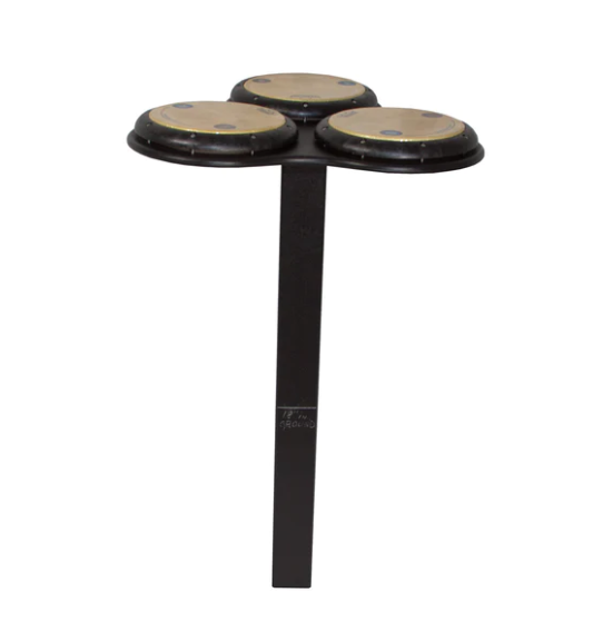 Outdoor black musical drum table with three round drum pads mounted on a single post for interactive rhythm play