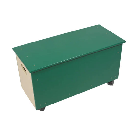 Green and beige rectangular storage bench on caster wheels with side handles, made of durable recycled plastic