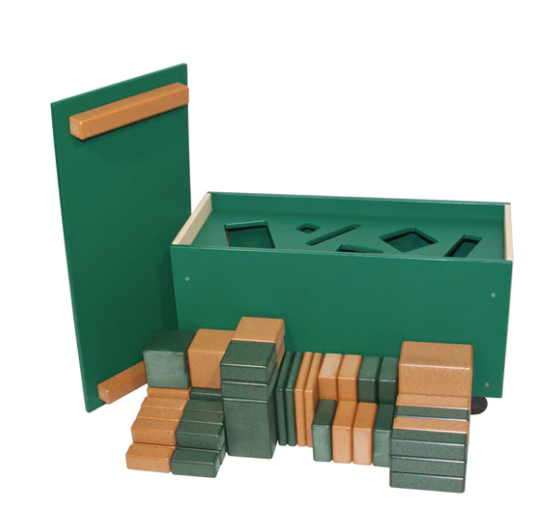 Green and tan eco-friendly storage box with matching rectangular and square building blocks for creative play