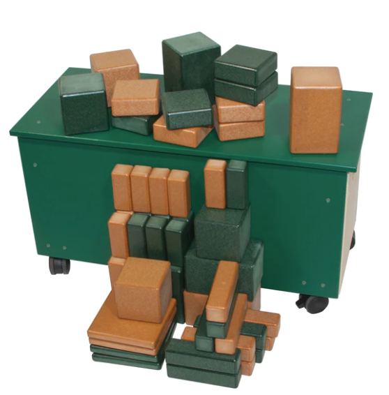 Green storage box on casters with stacked green and brown rectangular and square eco-friendly play blocks for creative indoor and outdoor use