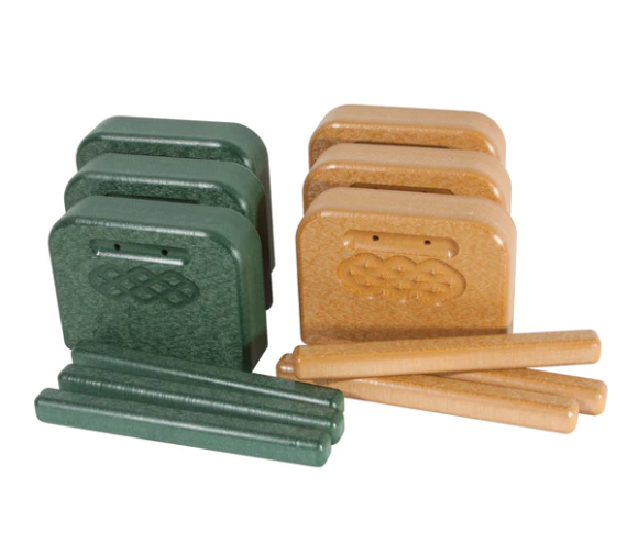 Eco Tone Blocks with Strikers set featuring green and cedar recycled plastic blocks with diamond etching and matching strikers for musical play
