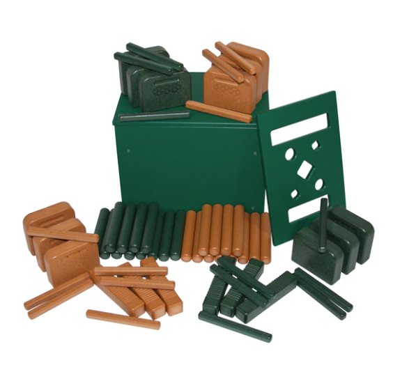 Green and cedar recycled plastic percussion instruments including tone blocks, guiros, and claves with a green storage box and sorter panel