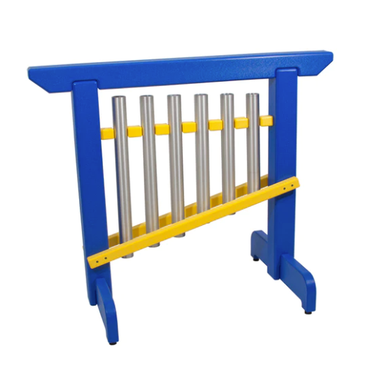 Blue and yellow freestanding musical chime unit with six aluminum bars in G Major Pentatonic tuning