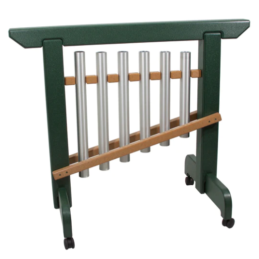 Green frame musical chime unit with six aluminum tubes, wooden striker bar, and caster wheels for mobility