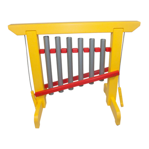 Yellow-framed outdoor musical chime unit with seven silver aluminum bars and attached red striker bar for interactive play