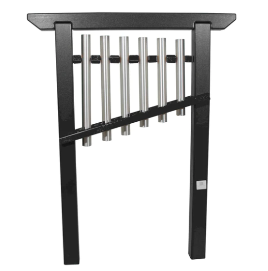Black frame with seven vertical aluminum chimes arranged diagonally, outdoor eco-friendly musical instrument with G Major Pentatonic tuning