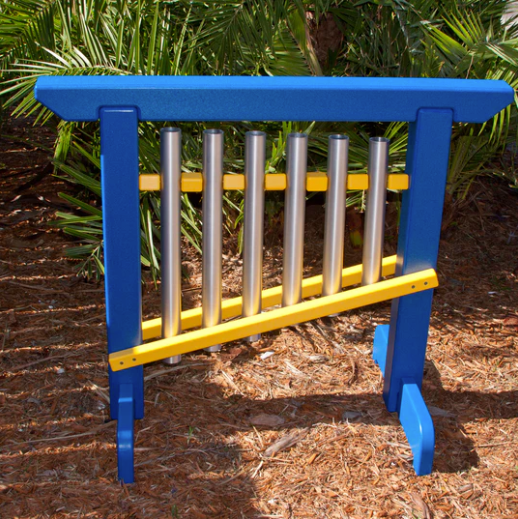 Outdoor 6-note musical chime with blue recycled plastic frame and aluminum bars for interactive play