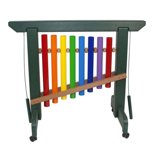 Colorful eight-note outdoor chime unit on casters with rainbow tubes and mallets for interactive musical play