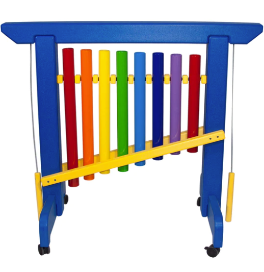 Colorful eight-note outdoor chime with rainbow metal tubes on blue frame, yellow mallets, and caster wheels for mobility