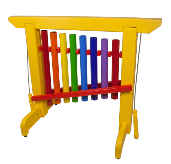 Free-standing musical chime unit with eight rainbow-colored tubes and attached mallets for interactive play.