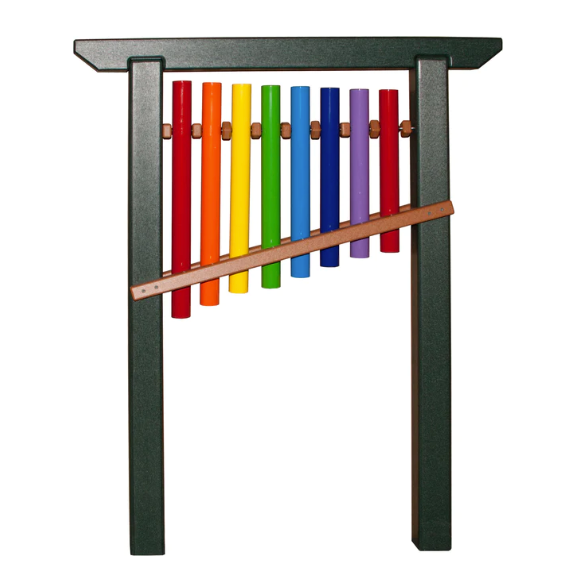 Colorful outdoor musical chime with eight rainbow-colored bars and green frame for interactive play and learning