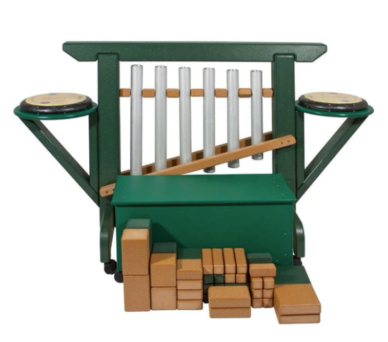 Green and cedar musical storage bench with six metal chimes, two side drums, and multiple wooden blocks for play