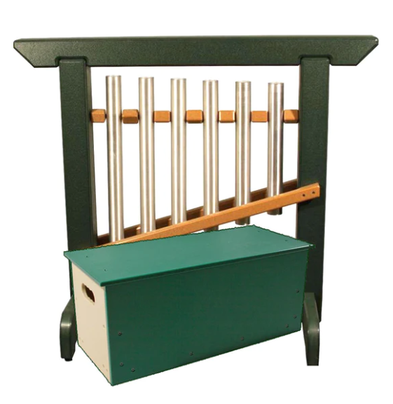 Green and cedar outdoor musical chime unit with six metal bars and integrated storage bench for playgrounds and educational spaces