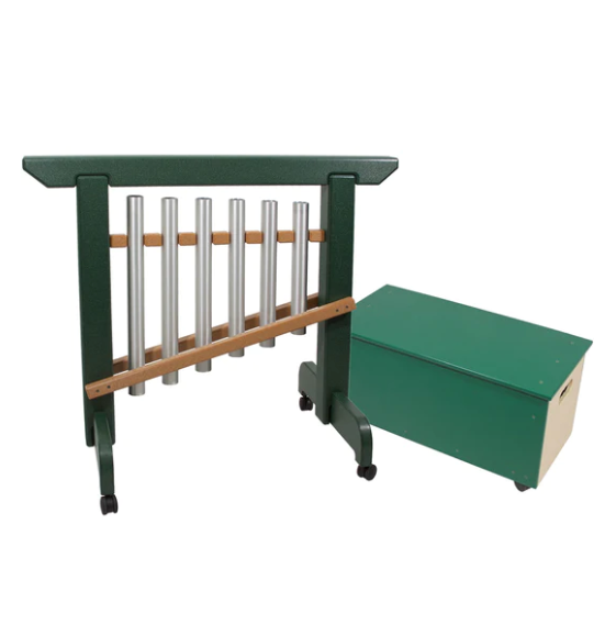 Green chime unit with six metal bars on casters paired with matching green storage bench on wheels