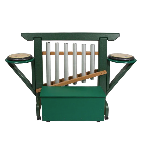 Green storage bench on casters with attached 6-note chime unit, two side drums, and wooden mallet for outdoor musical play
