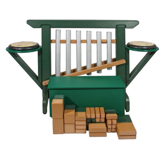 Green and cedar outdoor musical bench with six metal chimes, two side drums, and wooden percussion blocks in front