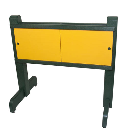 Free-standing green and yellow planter with clear sliding panels for observing root growth through front and back windows