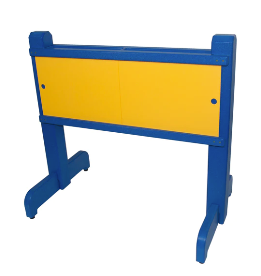 Free-standing blue and yellow planter with clear sliding panels for viewing root growth and educational gardening.