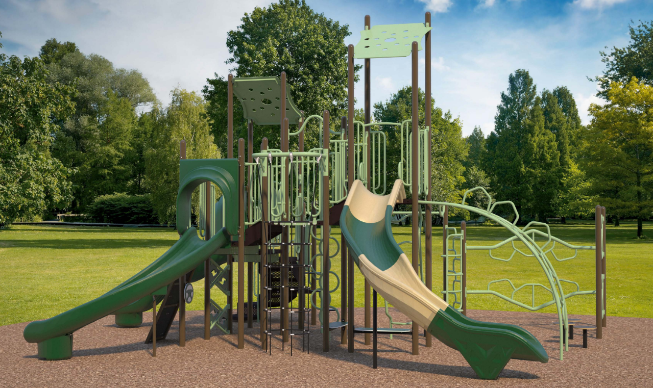 Outdoor playground structure with green and brown slides, climbing elements, and multiple elevated platforms