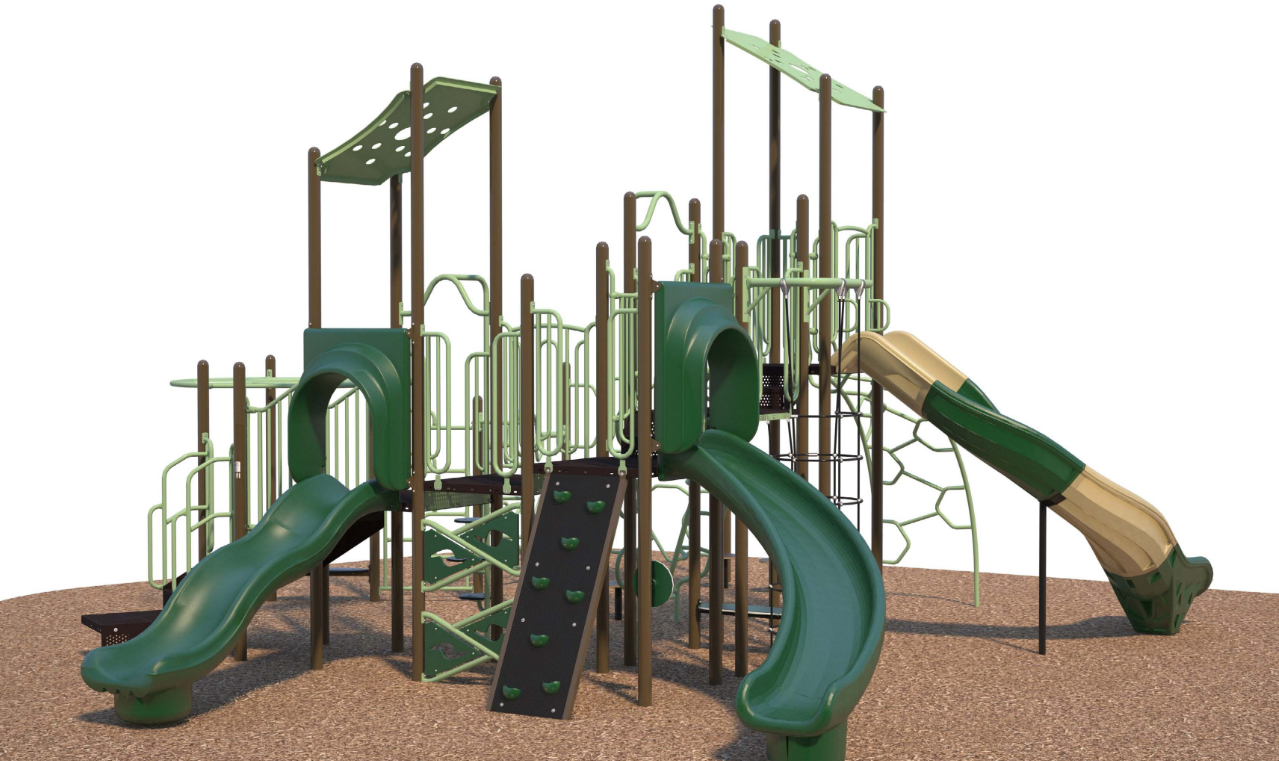 Large outdoor playground with multiple green slides, climbing walls, overhead shade panels, and mulch surface