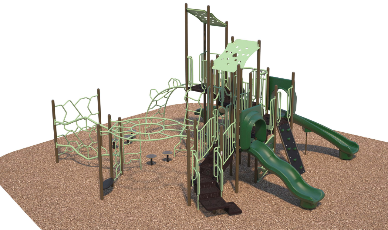 Large green and brown playground structure with multiple slides, climbing nets, platforms, and shaded canopies on wood chip ground