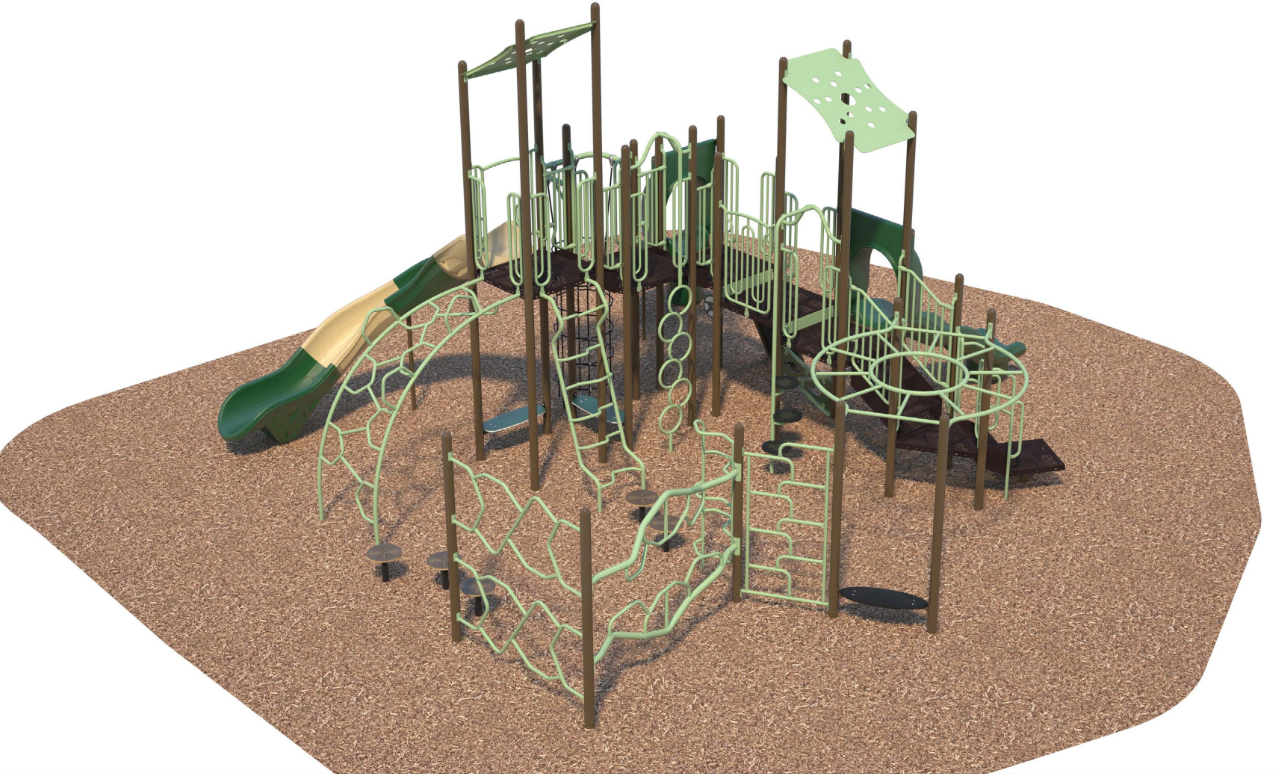 Large outdoor playground with multiple slides, climbing frames, and platforms on wood chip ground for active play and exploration.