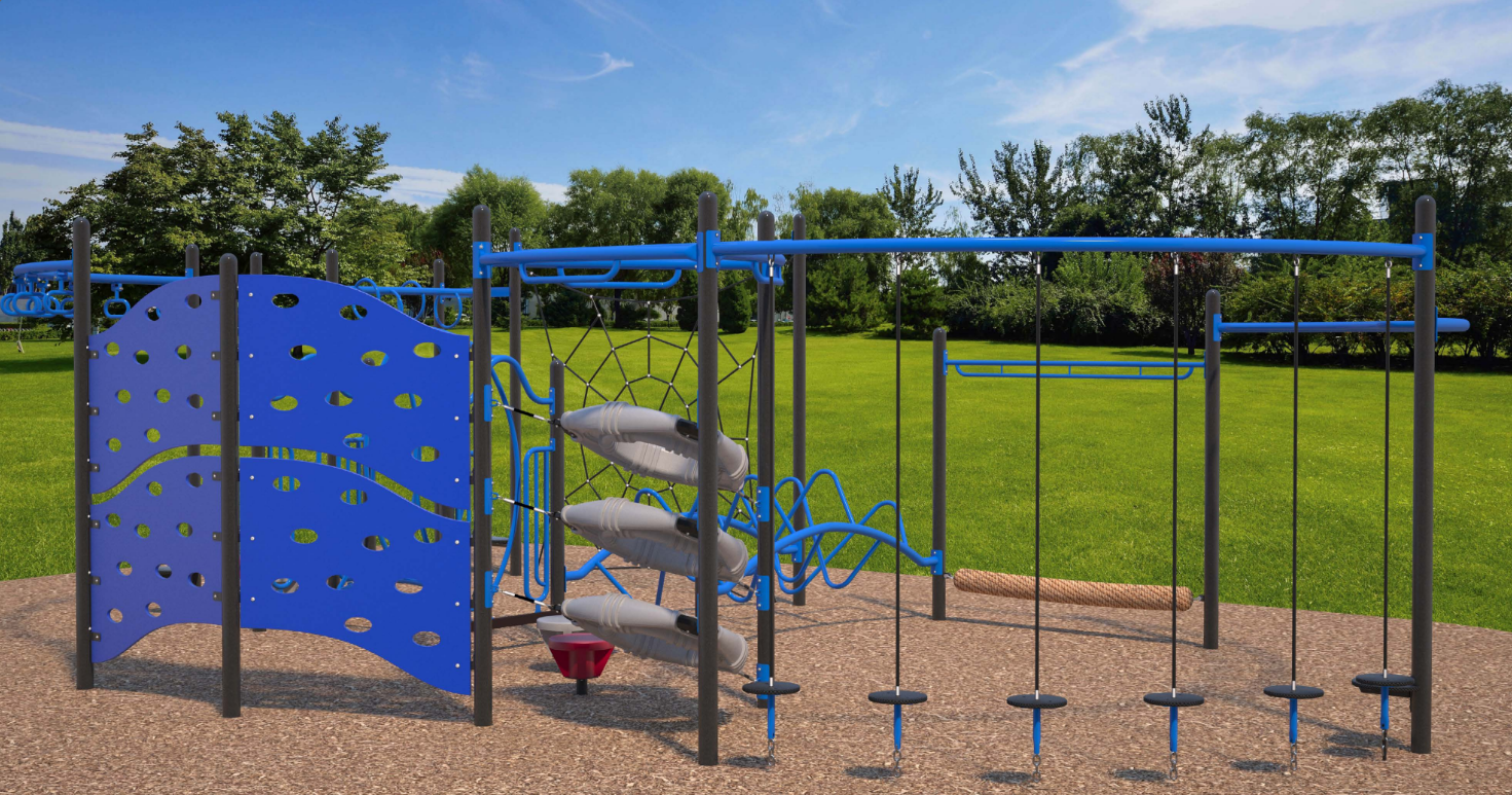 Outdoor playground with blue climbing walls, spider net, stepping stones, and hanging disc swings on mulch surface