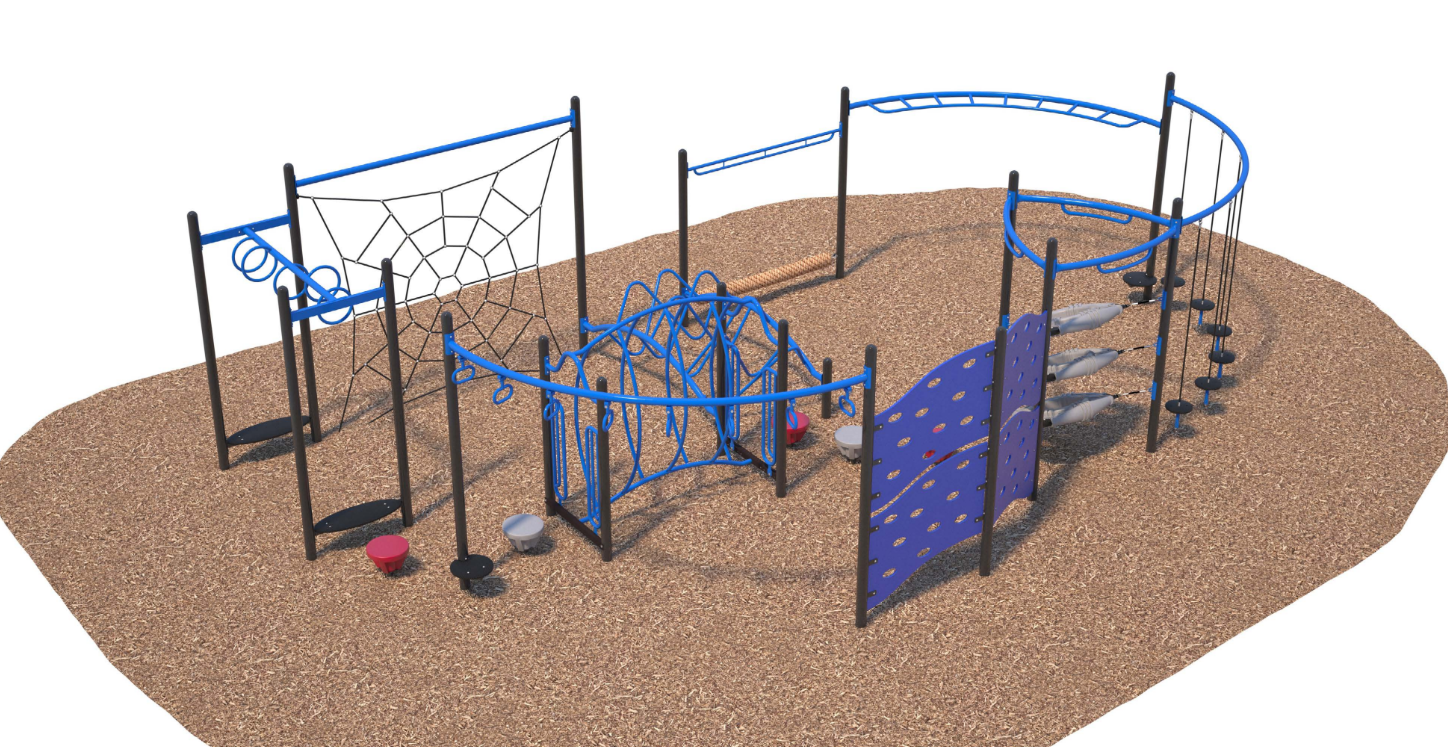 Outdoor playground with blue and black climbing structures, spider net, overhead ladder, stepping stones, and circular climbing elements on wood chip ground