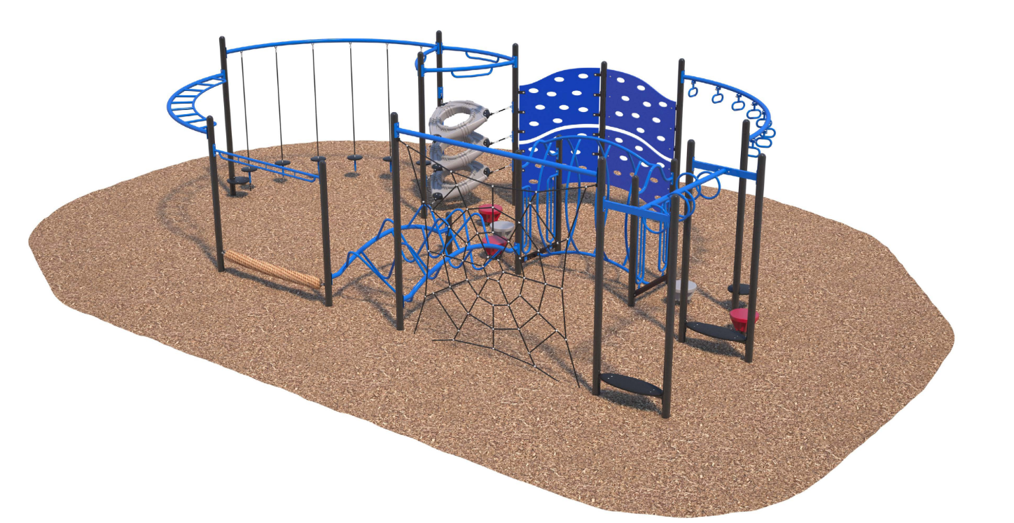 Outdoor playground with blue climbing nets, rope ladder, monkey bars, stepping stones, and agility challenges on mulch surface