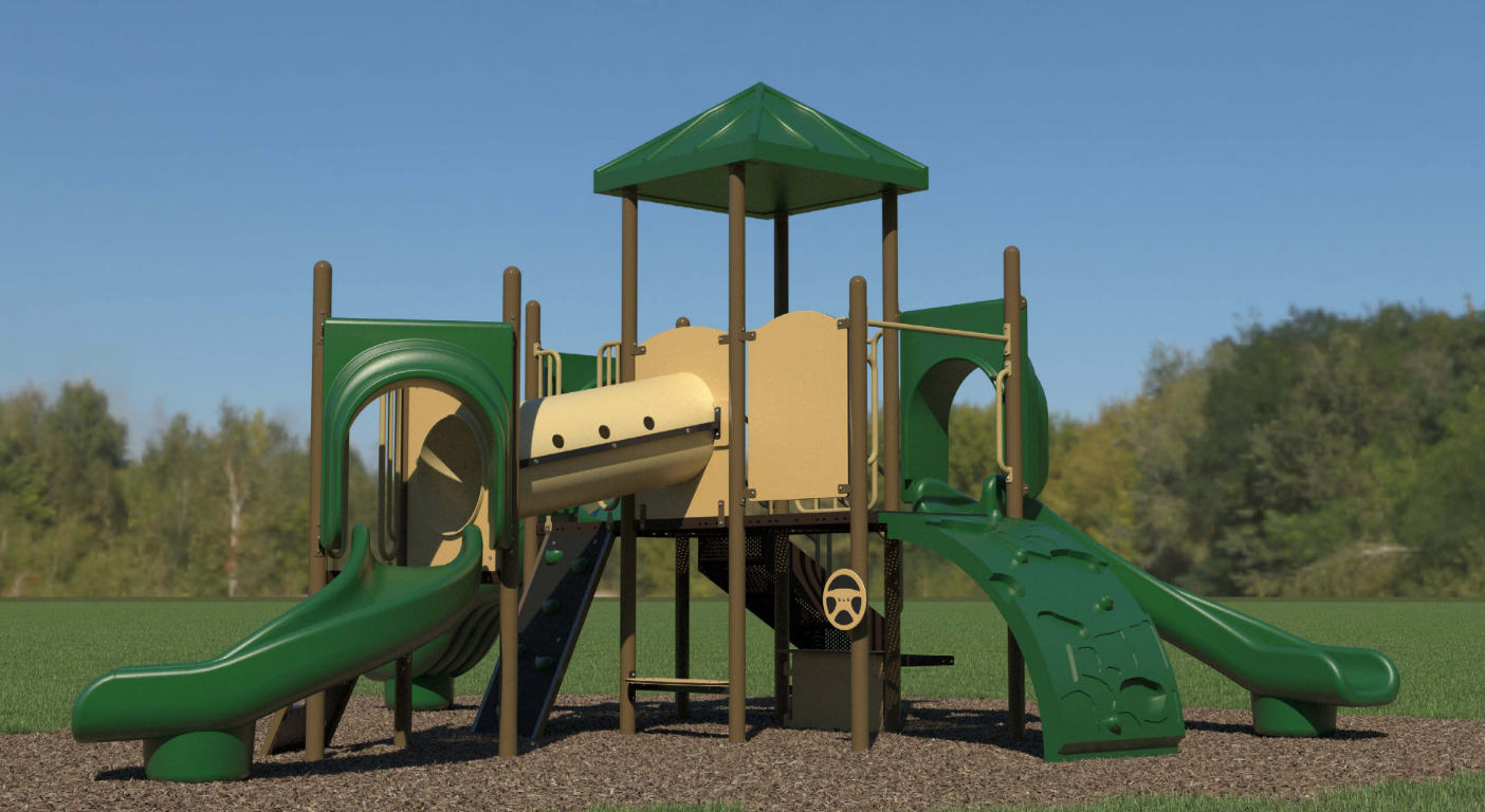 Green and tan playground structure with dual slides, crawl tunnel, rockwall climber, and steering wheel panel in a grassy park