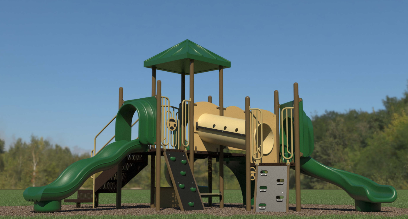 Outdoor playground with green dual slides, tan crawl tunnel, rock wall climber, and green canopy on grass