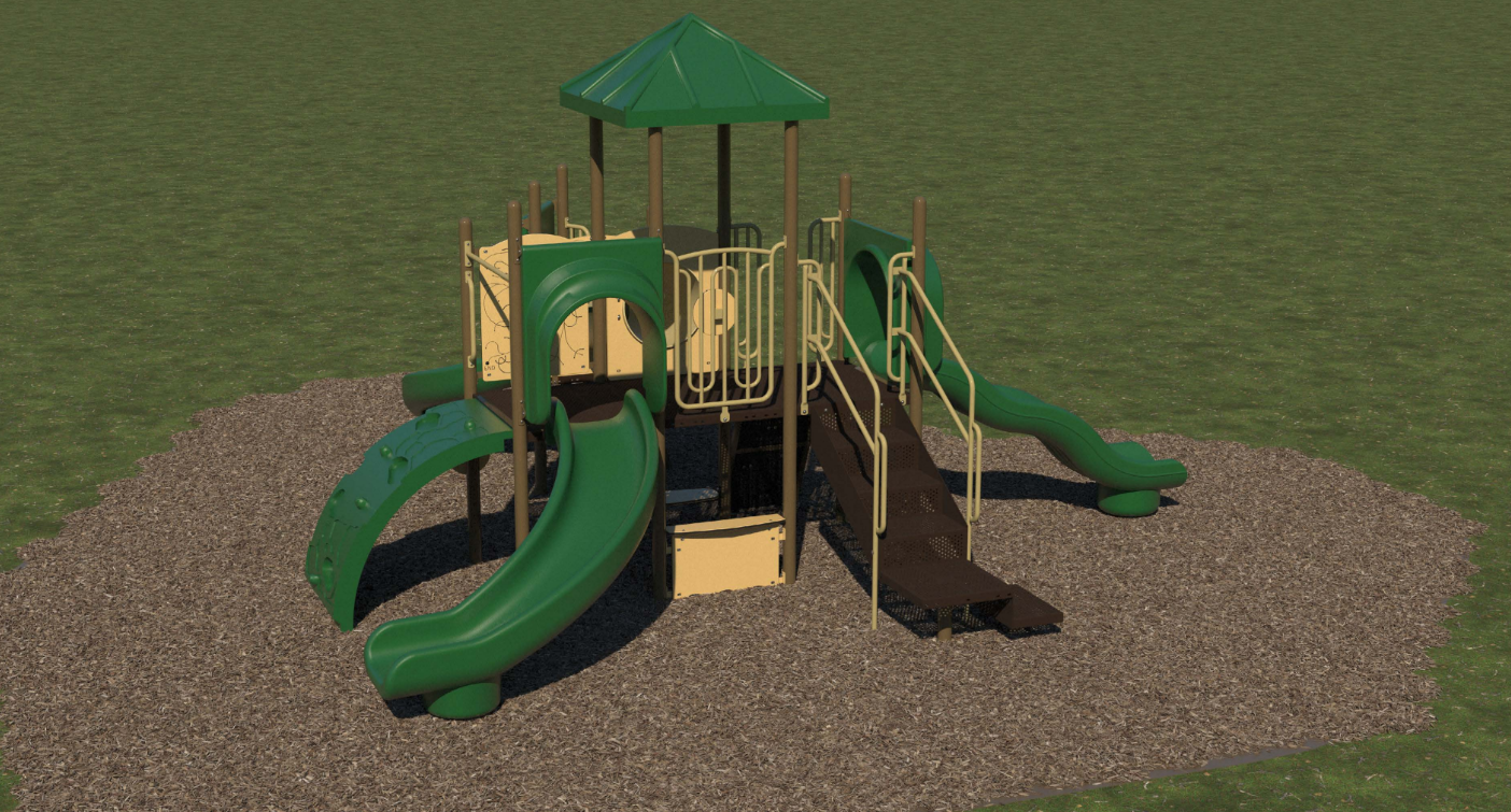 Green and tan commercial playground with canopy, curved slides, climbers, crawl tunnel, and activity panels on mulch