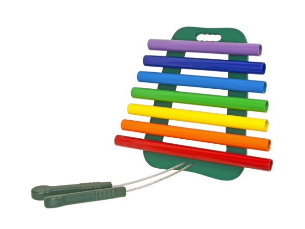 Rainbow-colored portable musical chimes with seven aluminum tubes on a green frame and two attached mallets