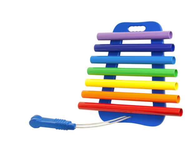 Portable Chimes with seven colorful rainbow tubes on blue frame and two attached mallets, musical instrument for all ages