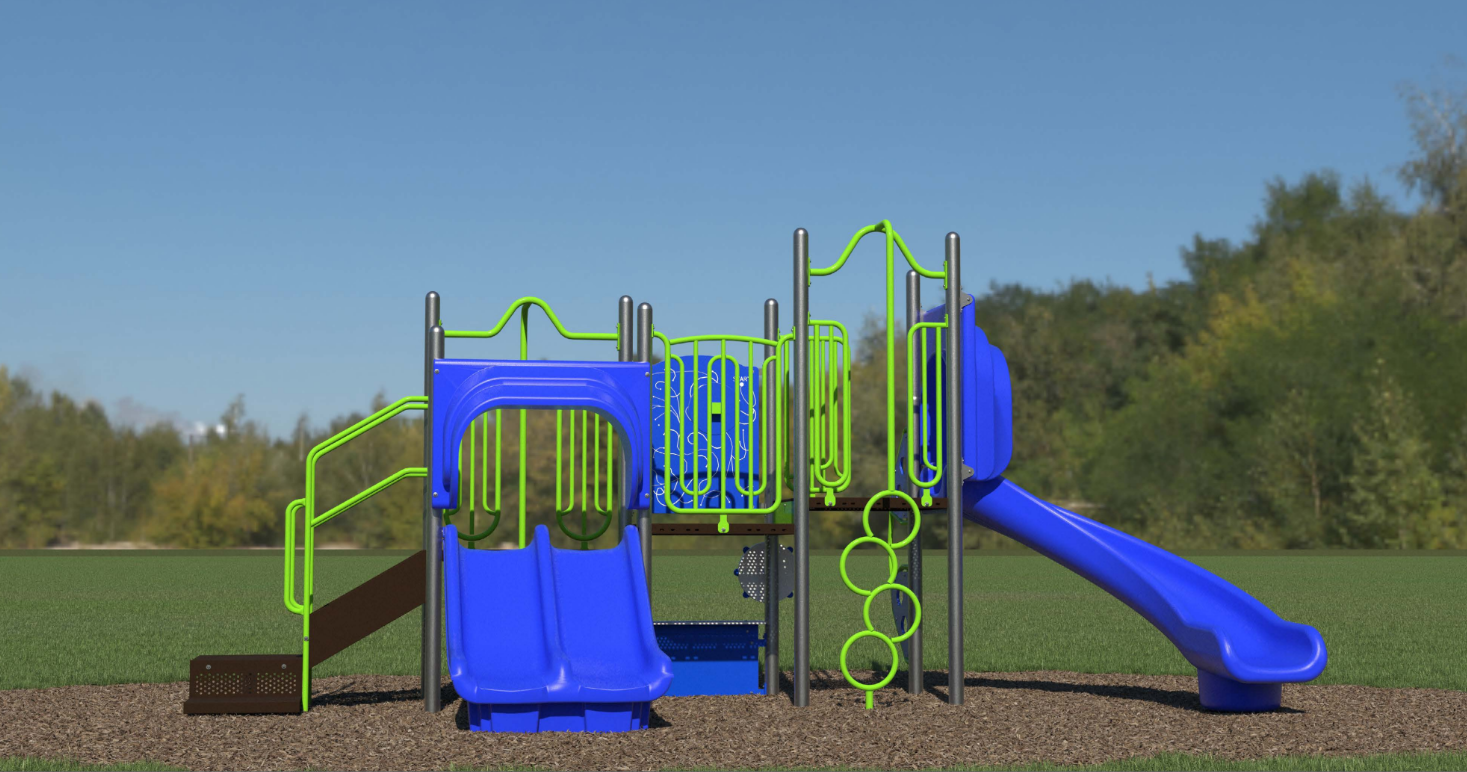 Outdoor playground structure with blue wave and twister slides, green climbing rings, rockwall climber, and interactive play panels on wood chip ground.