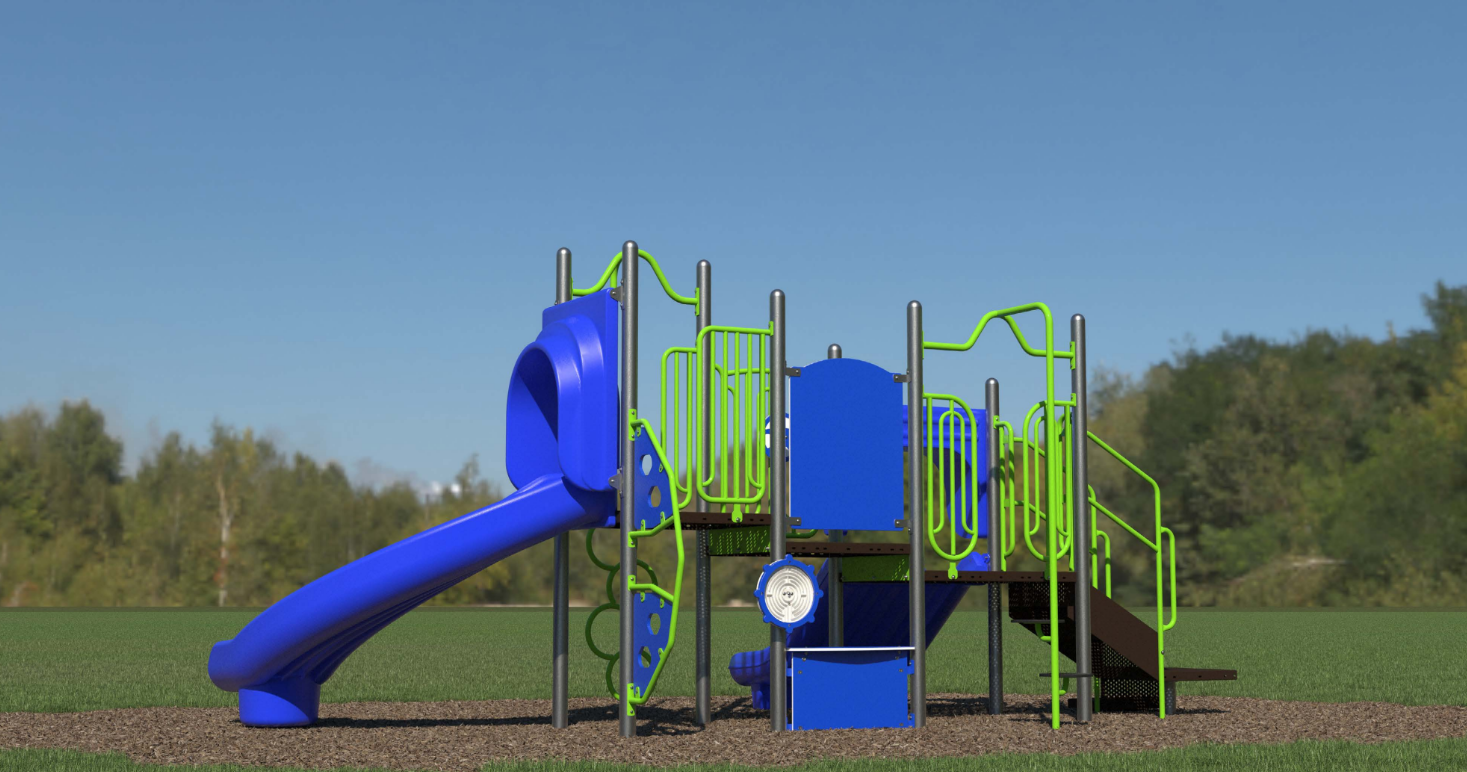 Blue and green playground structure with slides, climbing panels, stairs, interactive play elements on mulch surface